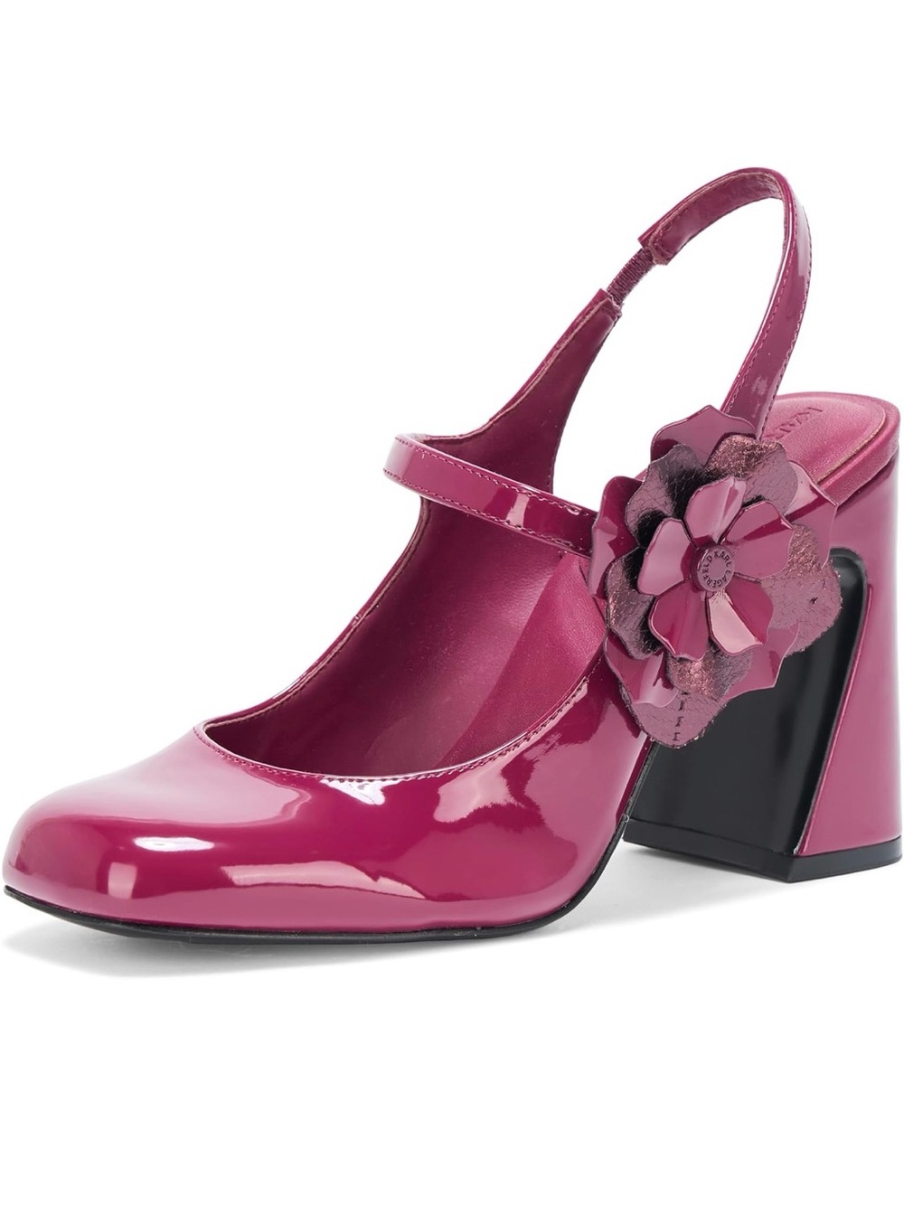 Karl Lagerfeld Patent Mary Jane Slingback Heels in Fuchsia with Floral Accent